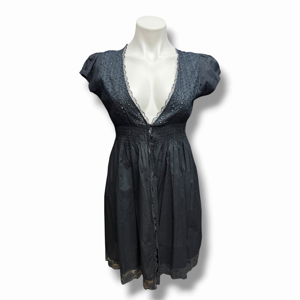 Y2K Tramp Open Front Flyaway Babydoll Dress Black Cotton Eyelet Lace Trim Empire